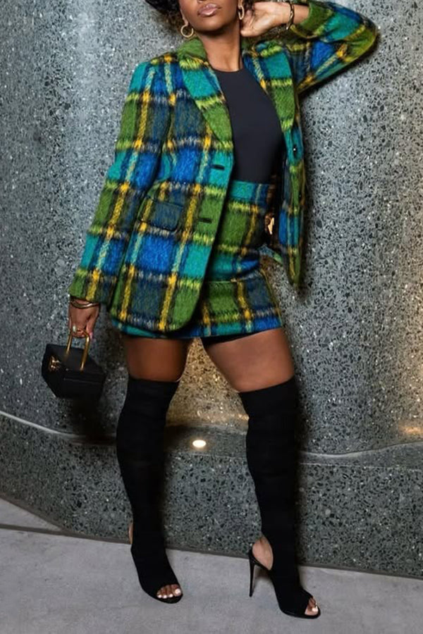 Stylish Plaid Peak Collar Blazer