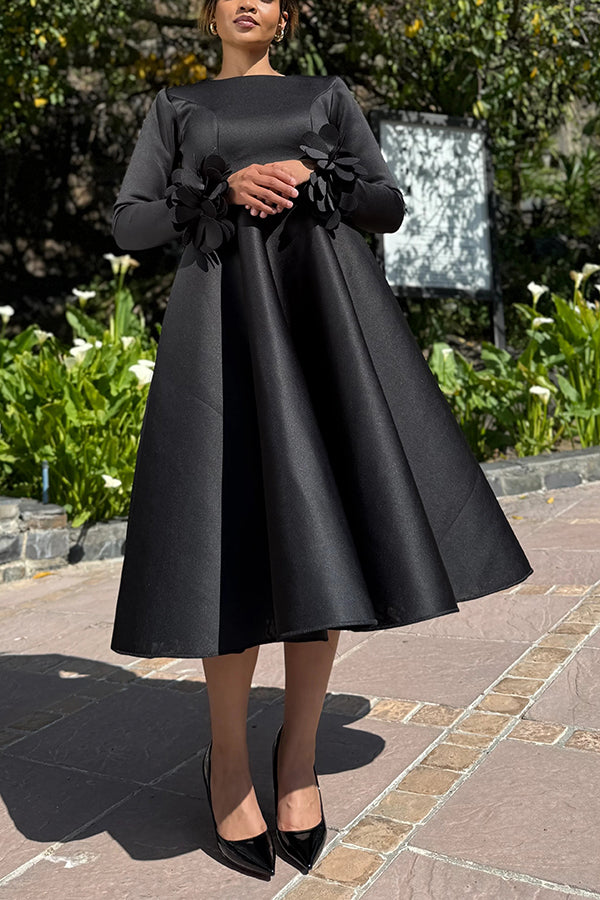 Elegant 3D Flower Sleeve Midi Dress