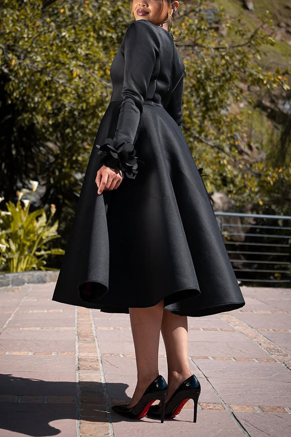 Elegant 3D Flower Sleeve Midi Dress