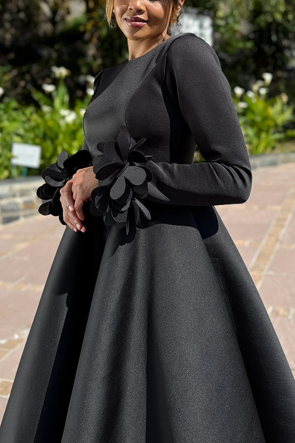 Elegant 3D Flower Sleeve Midi Dress