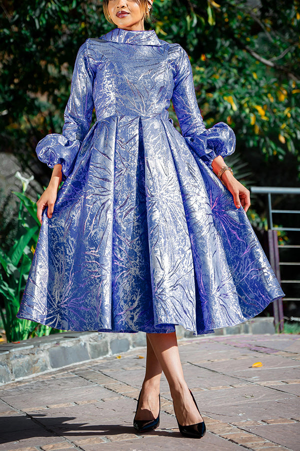 Stylish Floral Print Turtleneck Lantern Sleeve Dress