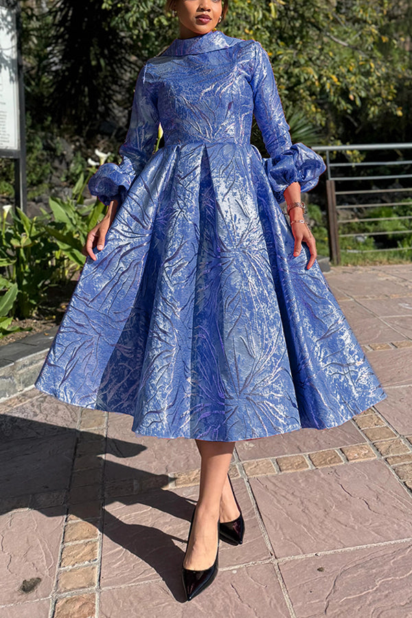 Stylish Floral Print Turtleneck Lantern Sleeve Dress