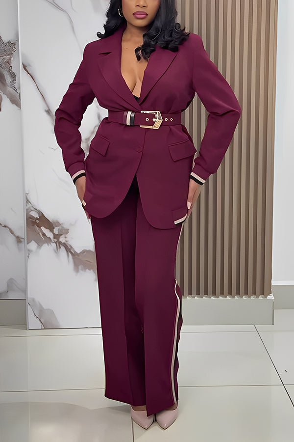 Stylish Ribbed Patchwork Belted Blazer & Straight Pants Set
