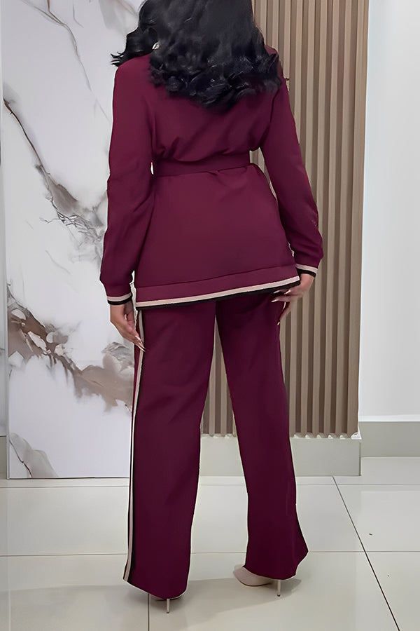 Stylish Ribbed Patchwork Belted Blazer & Straight Pants Set