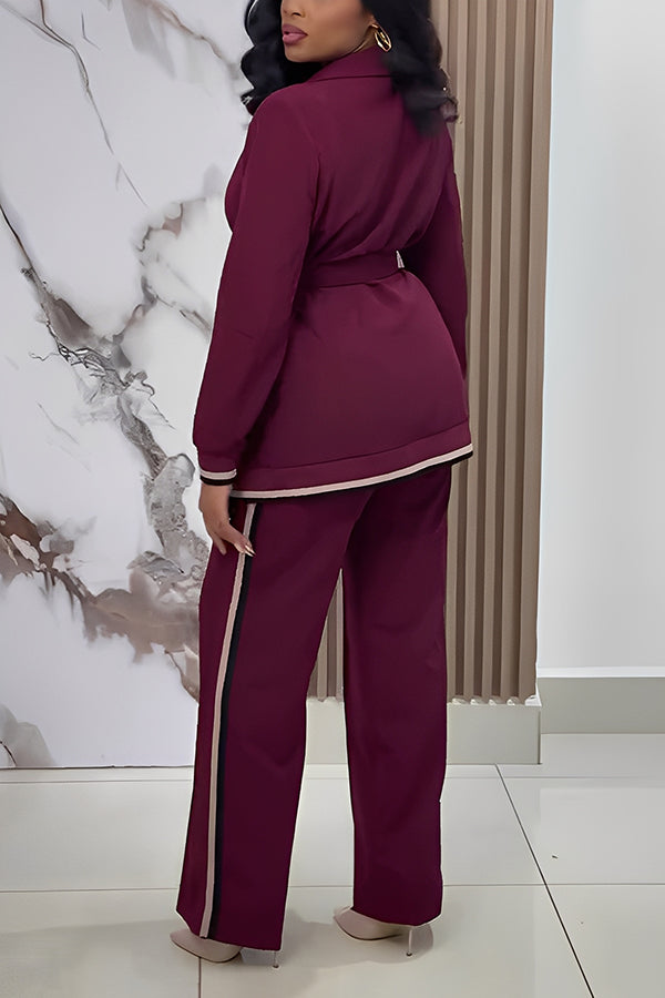 Stylish Ribbed Patchwork Belted Blazer & Straight Pants Set