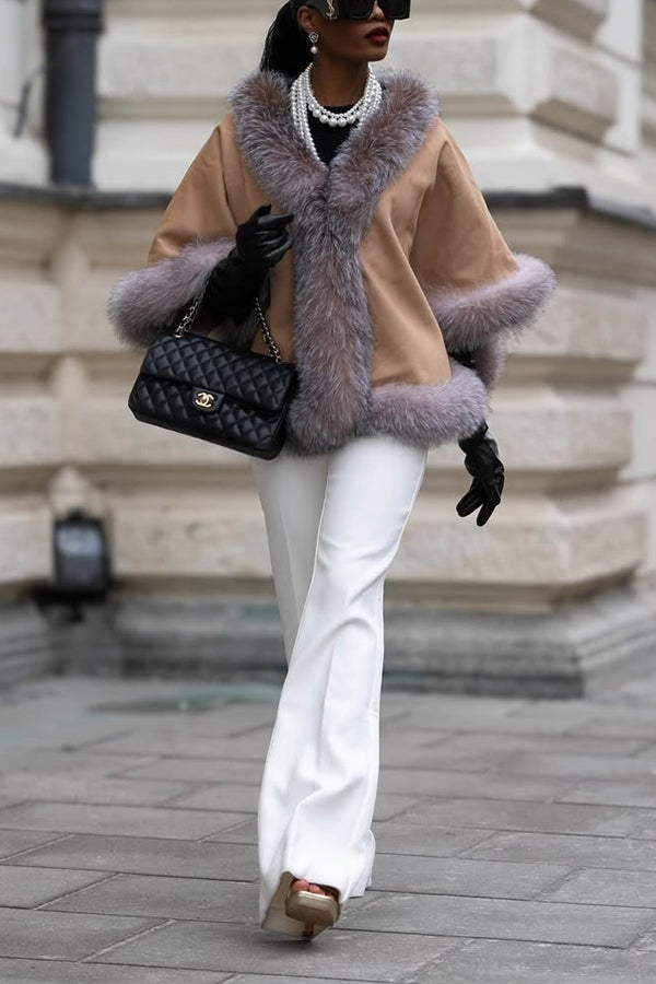 Chic Fuzzy Trim V-Neck Cloak