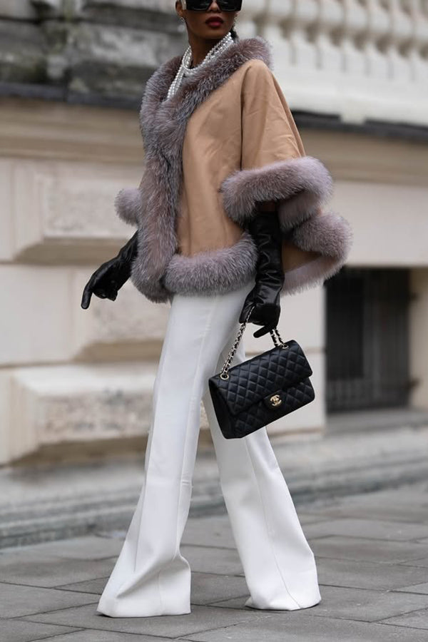 Chic Fuzzy Trim V-Neck Cloak
