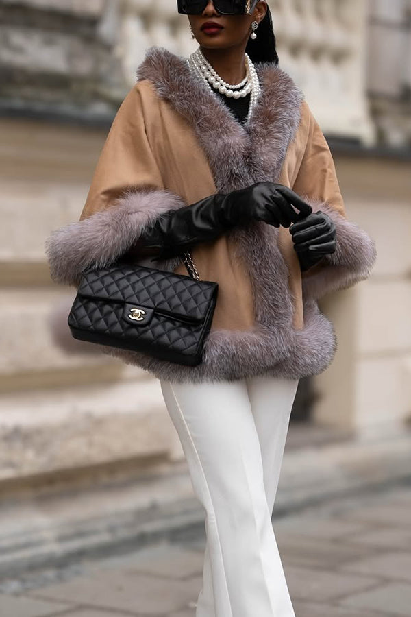 Chic Fuzzy Trim V-Neck Cloak