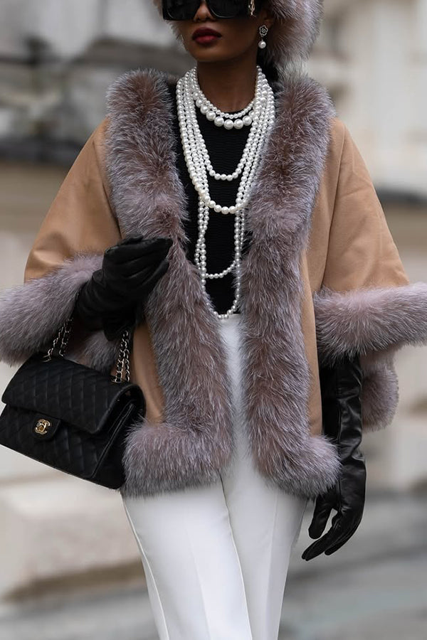 Chic Fuzzy Trim V-Neck Cloak