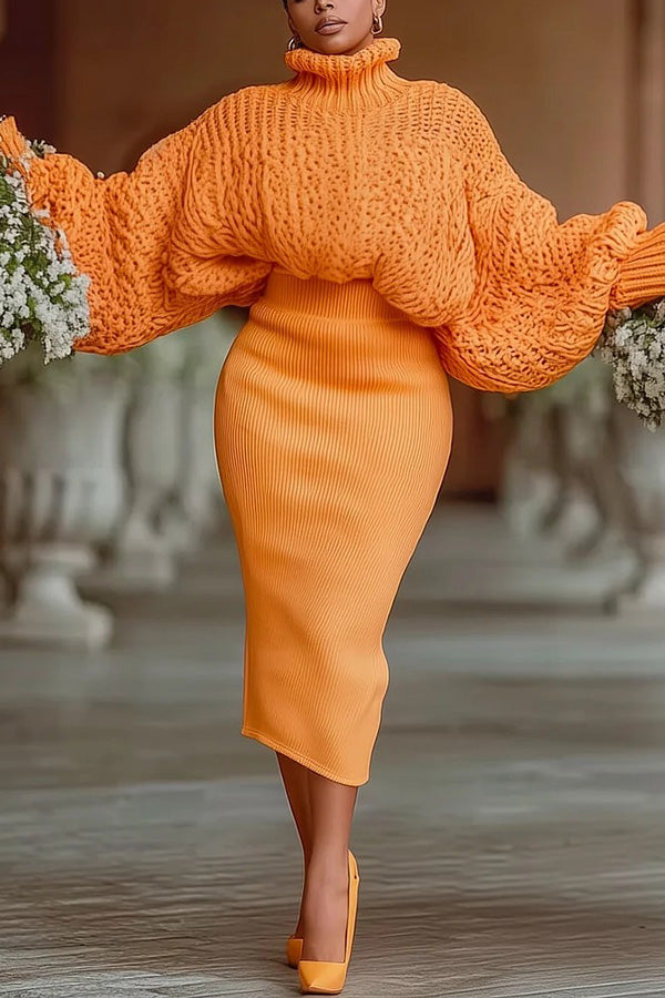 Chic Lantern Sleeve High Neck Sweater