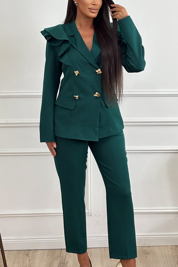 Chic Ruffle Hem Blazer & Pants Set
