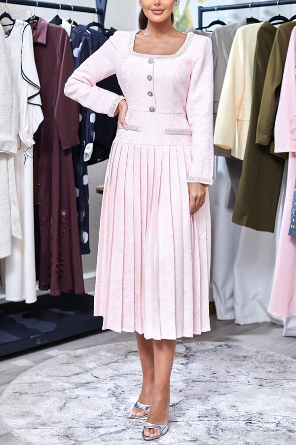 Elegant Square Neck Pleated Dress