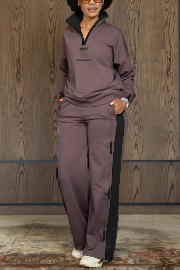 Casual Two Tone Half-Zip Top & Pants Set