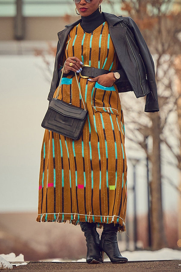 Stylish V-Neck Patched Pocke Striped Dress