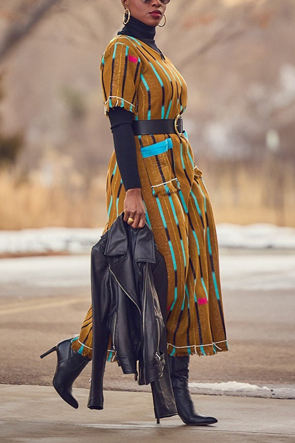 Stylish V-Neck Patched Pocke Striped Dress