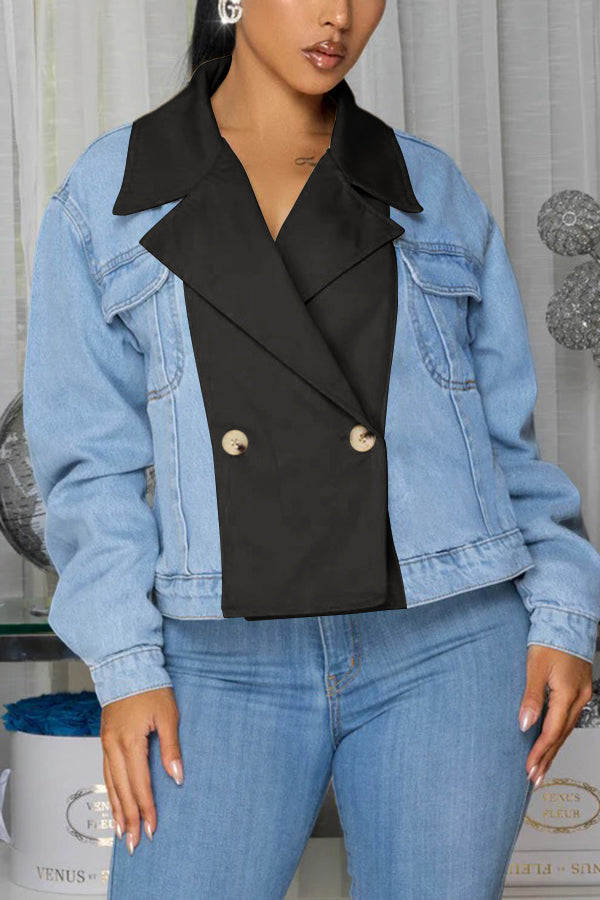 Stylish Double Breasted Denim Splicing Jacket