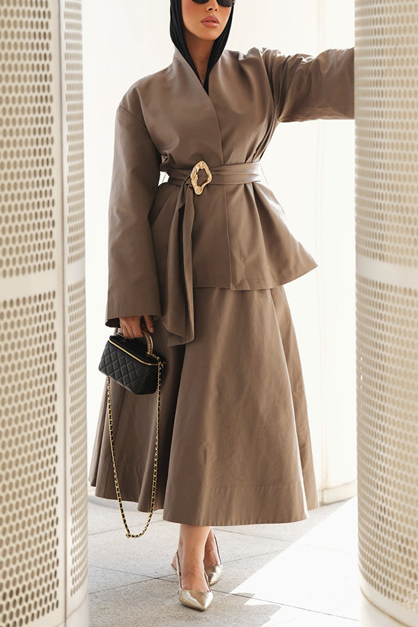 Chic Open Front Belted Coat & Skirt Set