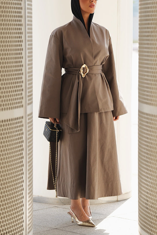 Chic Open Front Belted Coat & Skirt Set