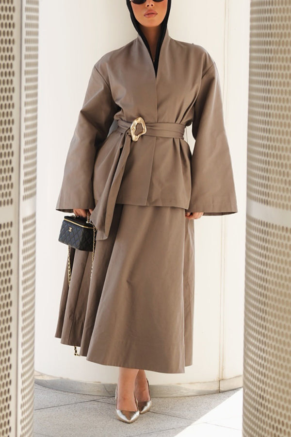 Chic Open Front Belted Coat & Skirt Set
