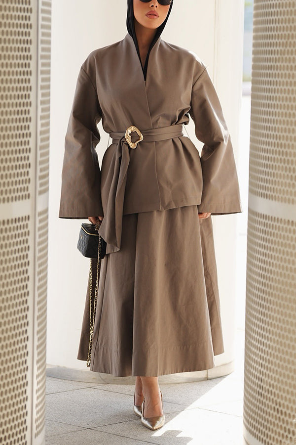 Chic Open Front Belted Coat & Skirt Set