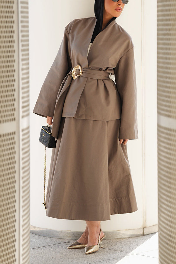 Chic Open Front Belted Coat & Skirt Set