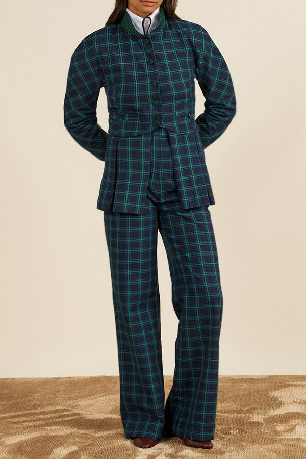 Stylish Baseball Collar Plaid Top & Pants Set