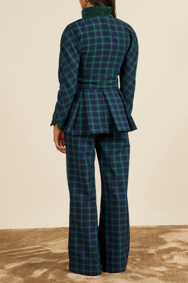 Stylish Baseball Collar Plaid Top & Pants Set