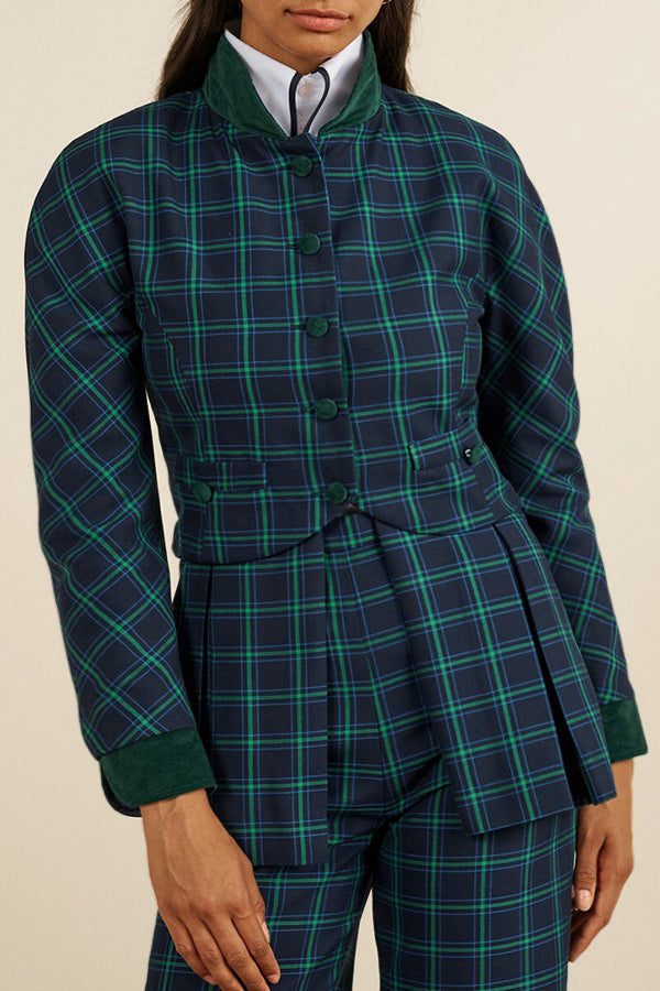 Stylish Baseball Collar Plaid Top & Pants Set