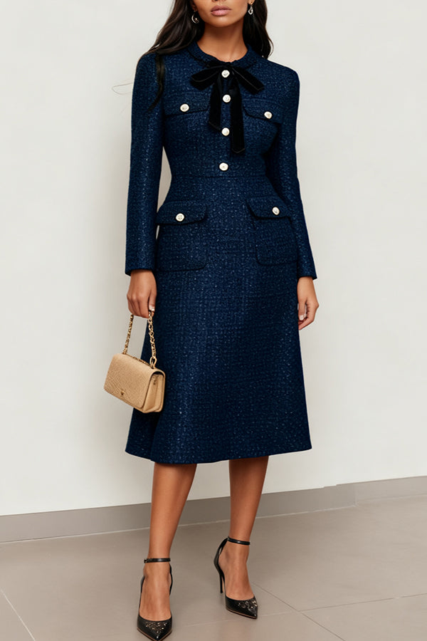 Elegant Bow Buckle Tweed Crew Neck Dress