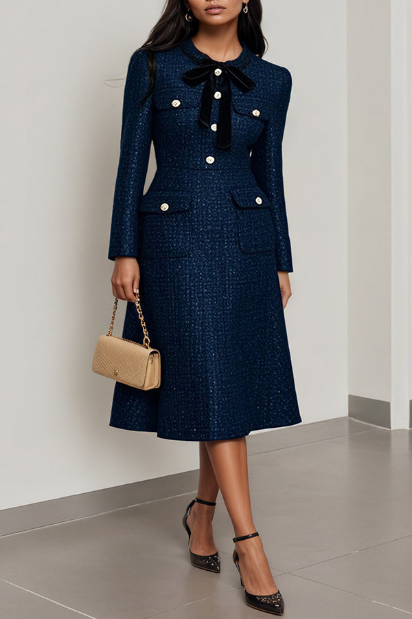 Elegant Bow Buckle Tweed Crew Neck Dress