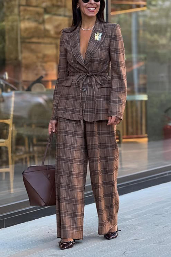 Chic Plaid Belted Blazer Pants Set