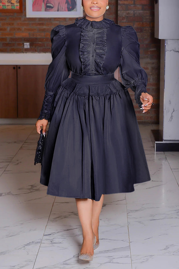 Elegant Contrast Lace Ruffle Hem Dress