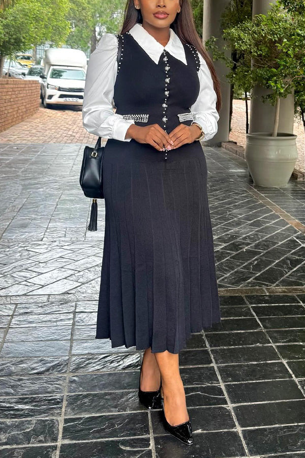 Chic Rhinestones Shirt Collar Dress