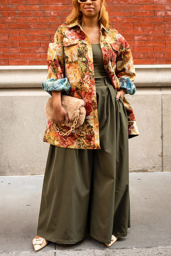 Retro Floral Print Shirt Collar Outerwear