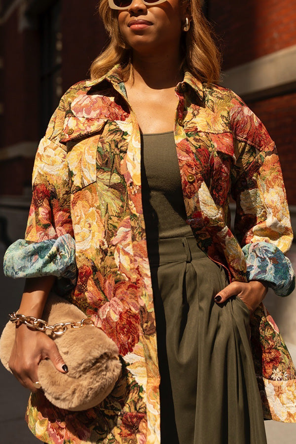Retro Floral Print Shirt Collar Outerwear