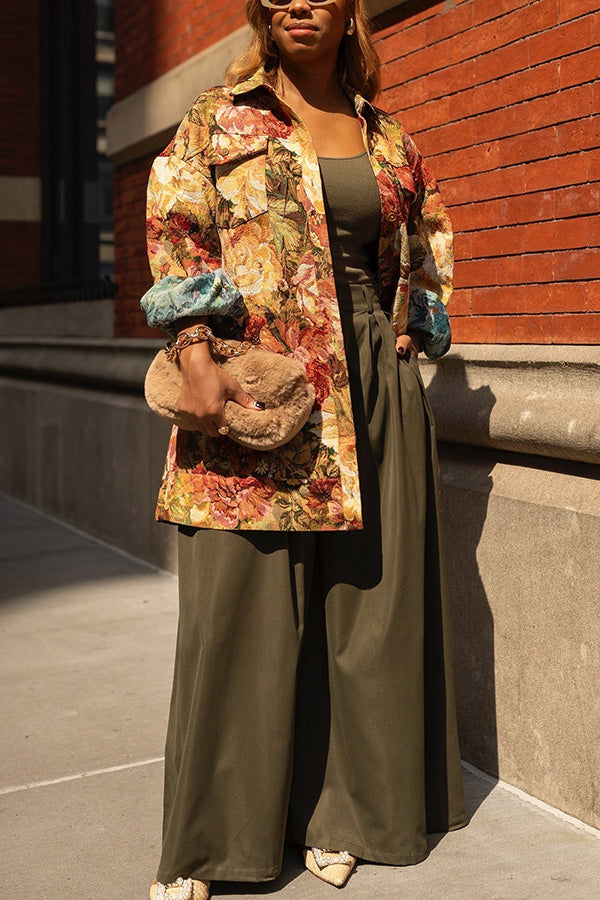 Retro Floral Print Shirt Collar Outerwear