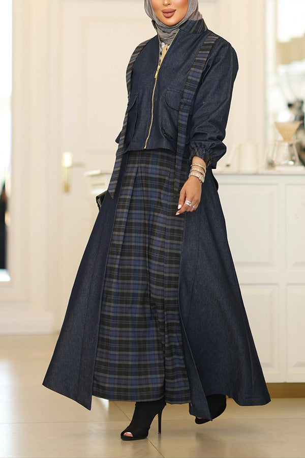 Vintage Contrast Plaid Jacket & Skirt Set