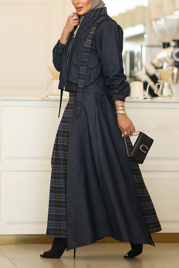 Vintage Contrast Plaid Jacket & Skirt Set