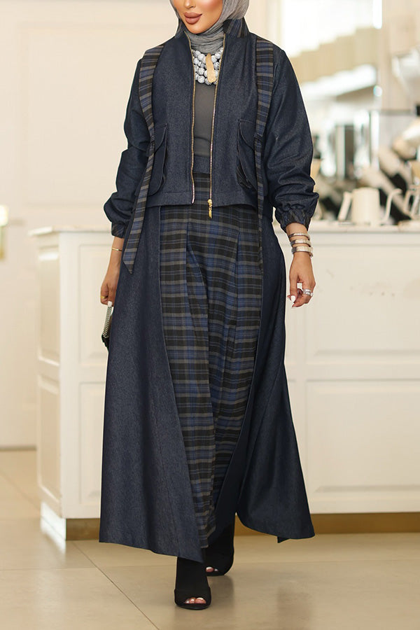 Vintage Contrast Plaid Jacket & Skirt Set