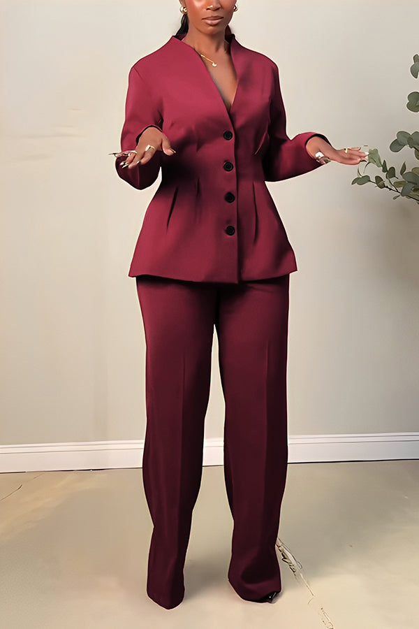 Chic Button Up Pleated Blazer & Pants Set