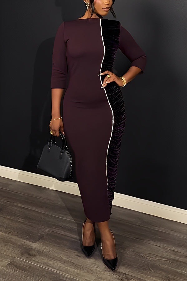 Elegant Boat Neck Velvet Splicing Dress