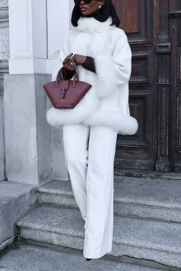 Stylish 3/4 Length Sleeve Fuzzy Trim Coat