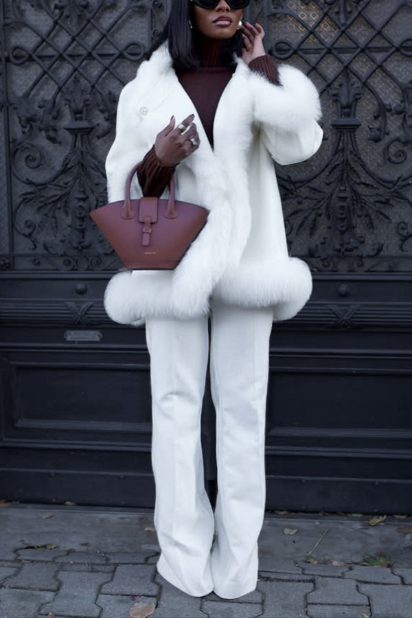 Stylish 3/4 Length Sleeve Fuzzy Trim Coat