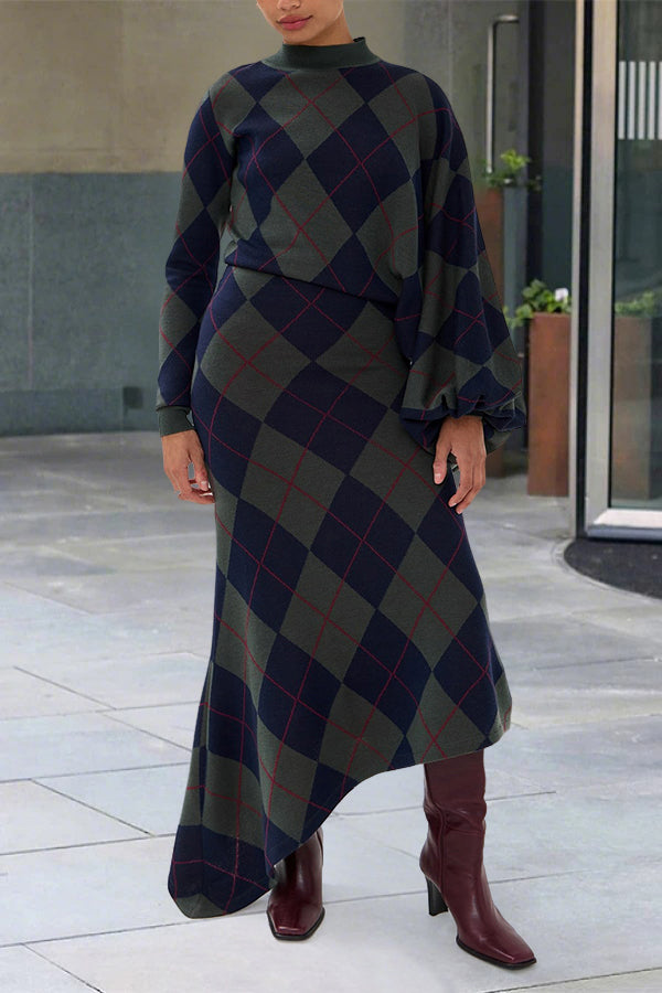 Retro Argyle Pattern Ribbed Trim Knit Maxi Dress