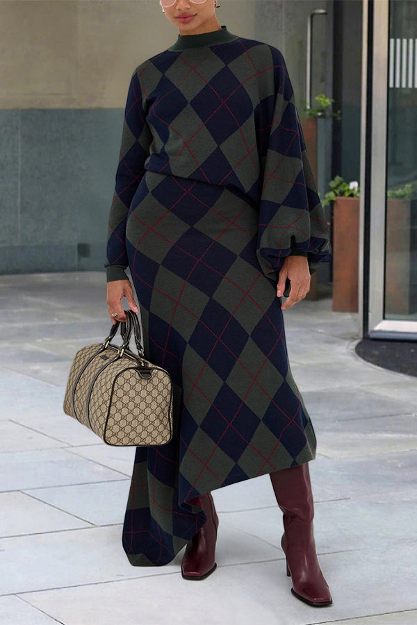 Retro Argyle Pattern Ribbed Trim Knit Maxi Dress