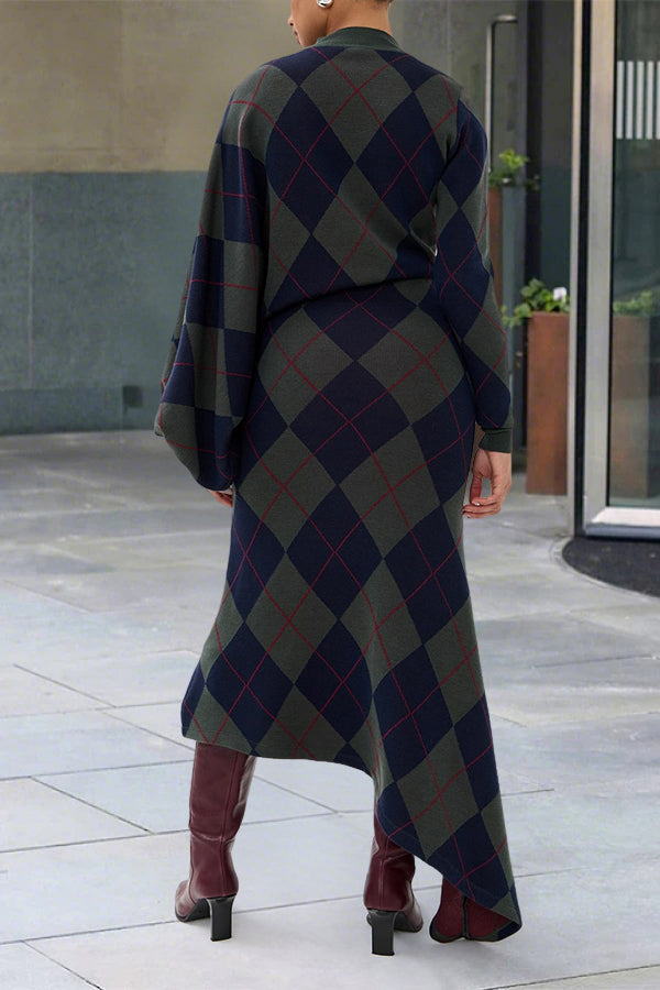 Retro Argyle Pattern Ribbed Trim Knit Maxi Dress