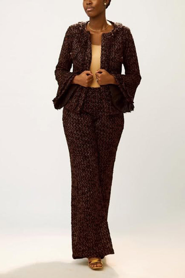 Elegant Raw Trim Trumpet Sleeve Top & Pants Set