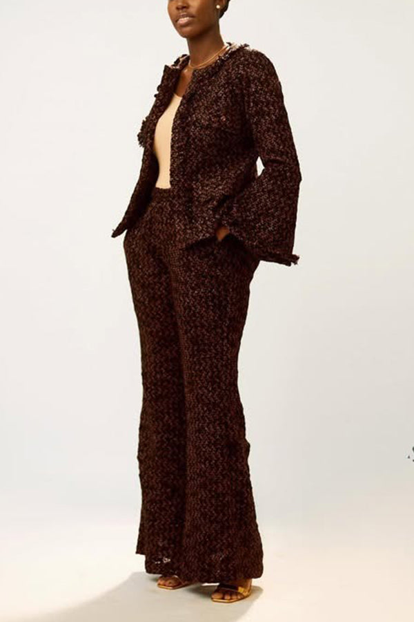 Elegant Raw Trim Trumpet Sleeve Top & Pants Set