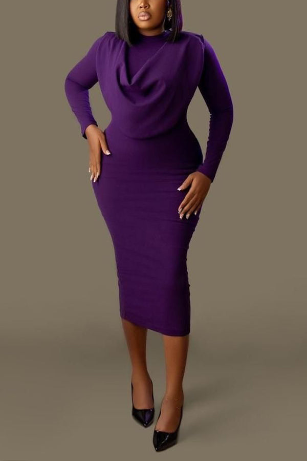 Fashion Ruched Collar Midi Dress