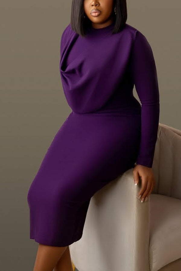 Fashion Ruched Collar Midi Dress